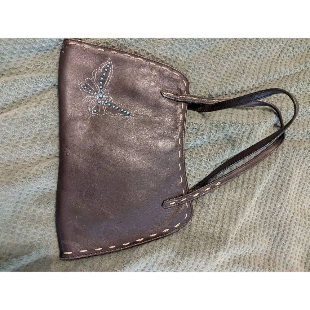 BCBGMaxazria Women's Brown Leather Butterfly Embroidered Shoulder Bag Purse
